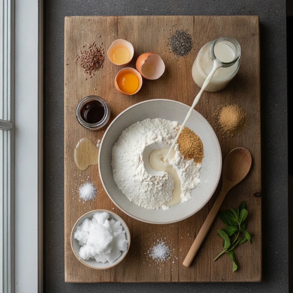 Ingredients for dairy free crispy waffles laid out on a wooden board
