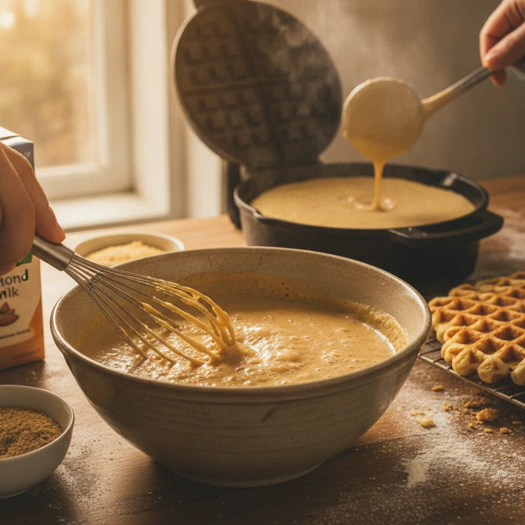dairy free crispy waffles being prepared in the kitchen