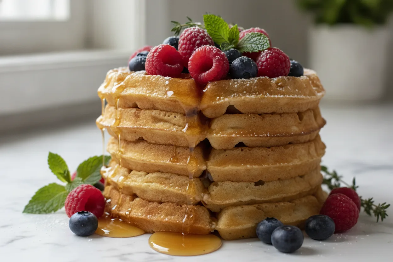Stack of crispy golden dairy-free waffles with syrup and berries