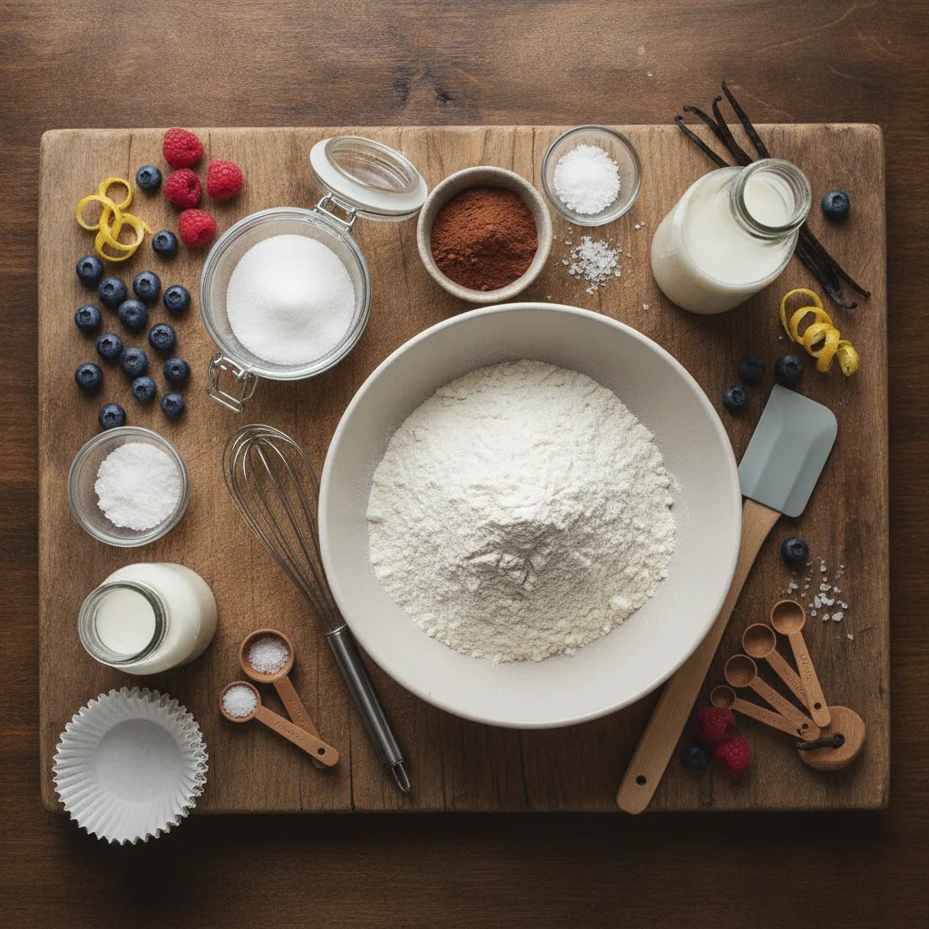 Ingredients for dairy free cupcakes laid out on a wooden board