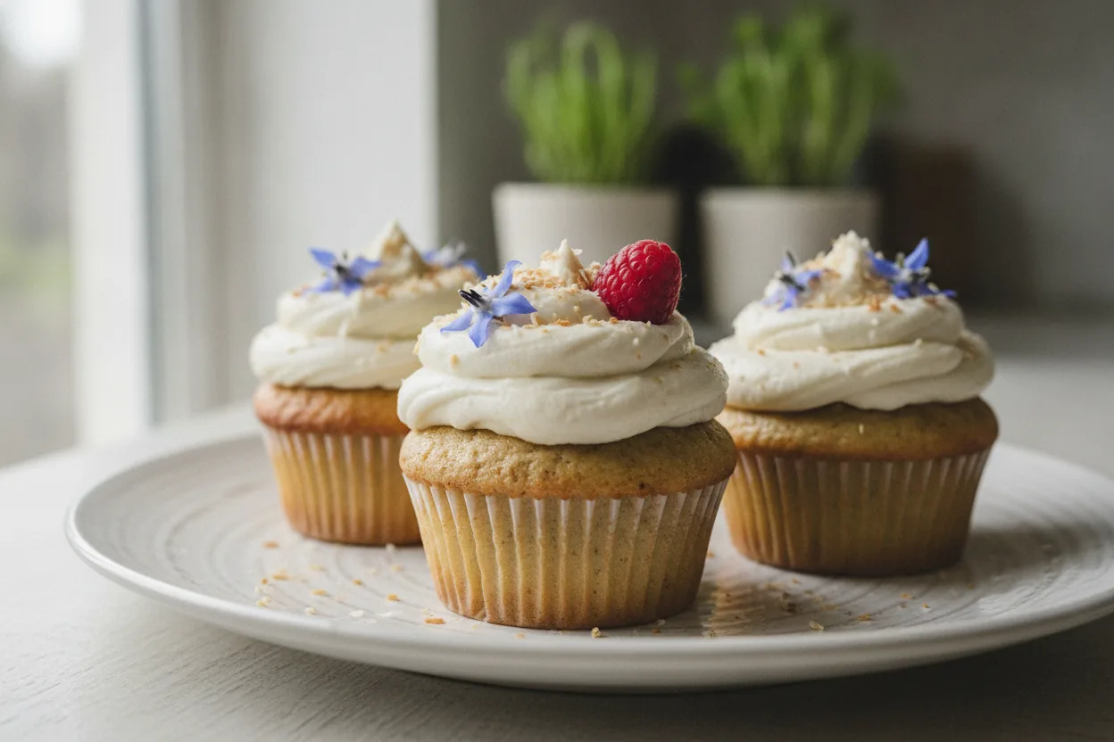 Frosted dairy-free cupcakes with tall fluffy tops