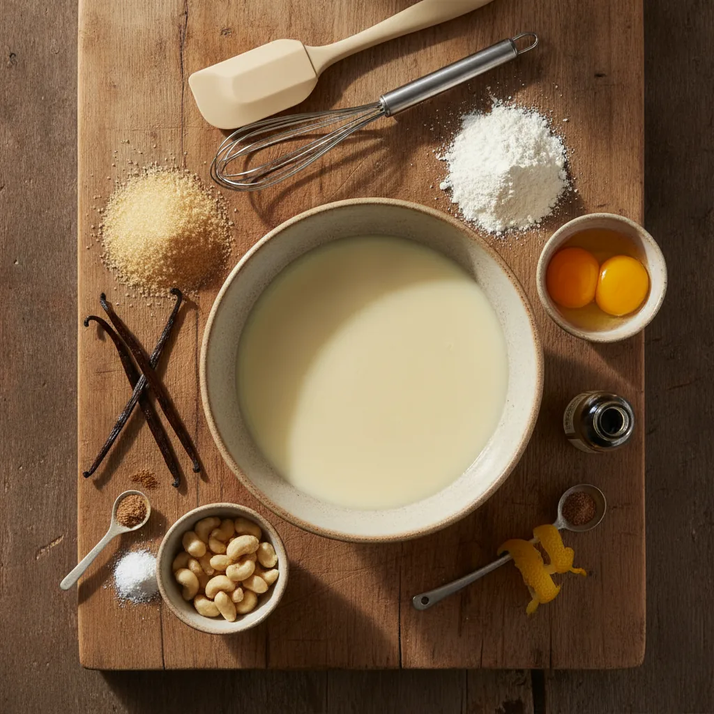 Ingredients for dairy free custard laid out on a wooden board