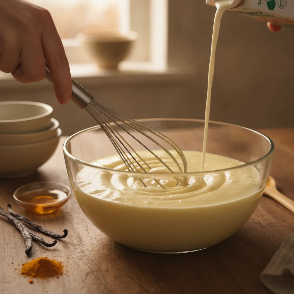 dairy free custard being prepared in the kitchen