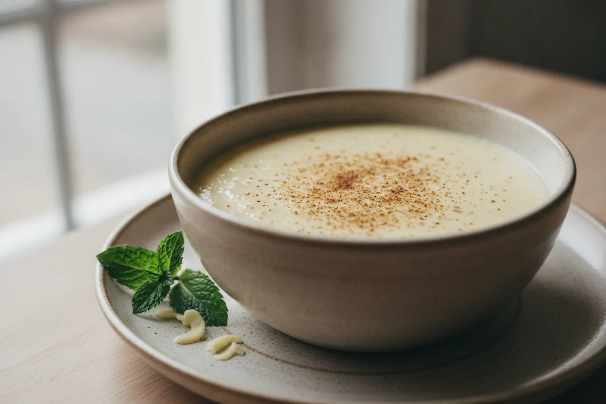Silky dairy-free custard being poured from a jug over dessert