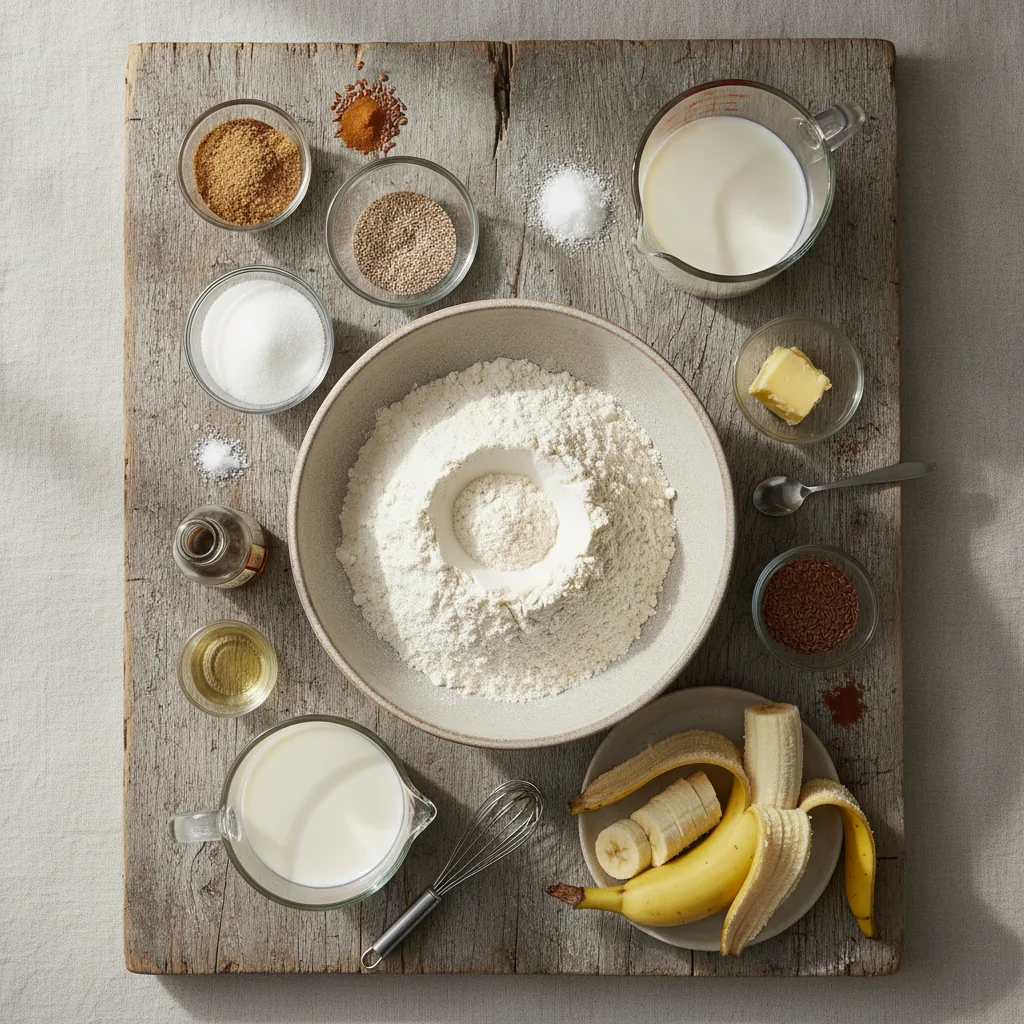 Ingredients for dairy free donuts laid out on a wooden board