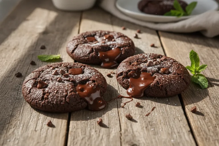 Fudgy dairy-free double chocolate cookies with melty chocolate chips