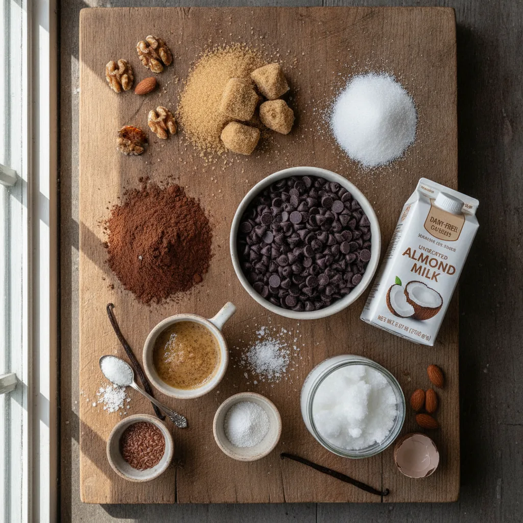 Ingredients for dairy free double chocolate cookies laid out on a wooden board