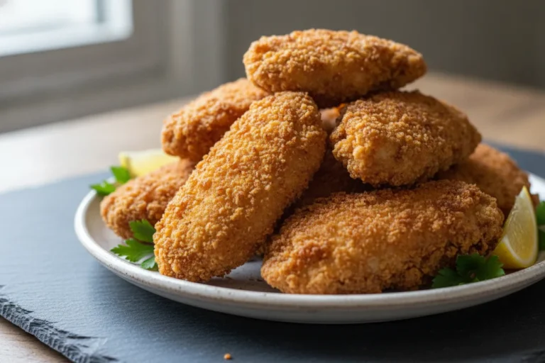 Crispy golden dairy-free fried chicken pieces on a rack