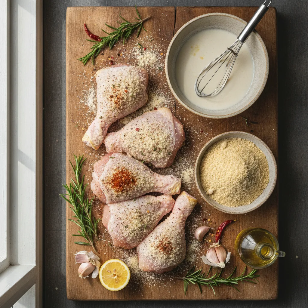 Ingredients for dairy free fried chicken laid out on a wooden board