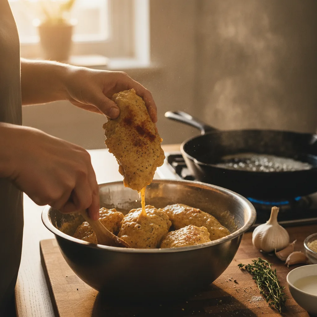 dairy free fried chicken being prepared in the kitchen