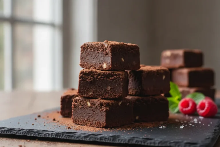 Squares of smooth dairy-free chocolate fudge stacked on parchment