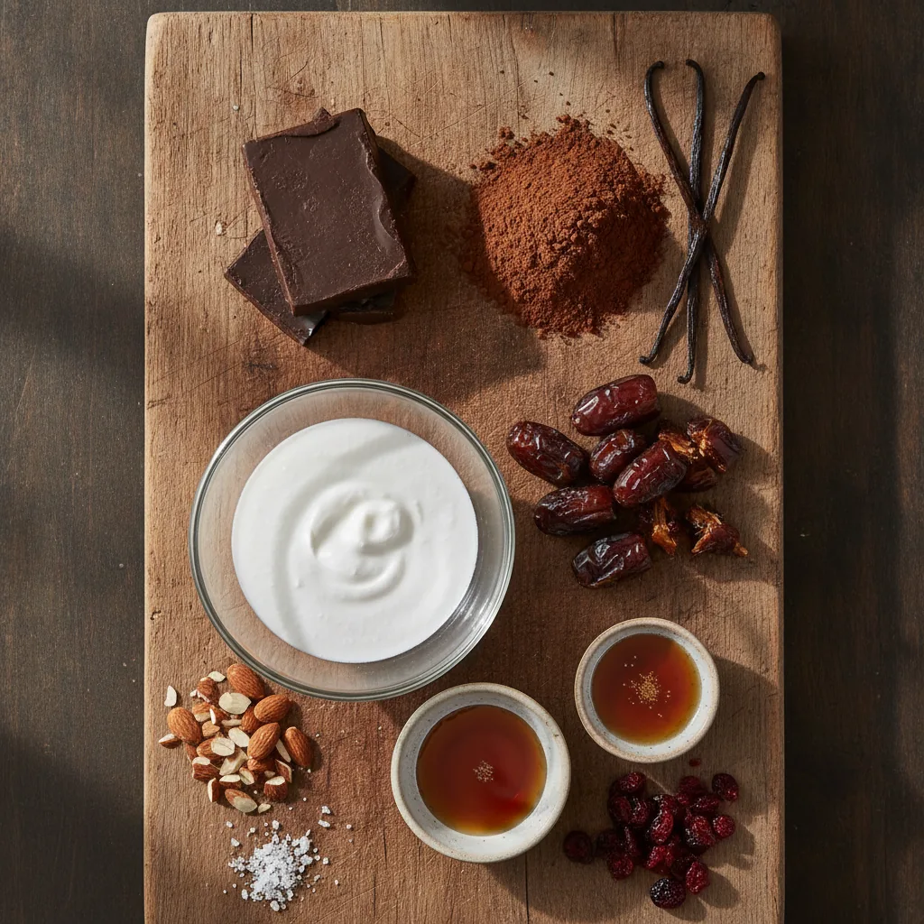 Ingredients for dairy free fudge laid out on a wooden board