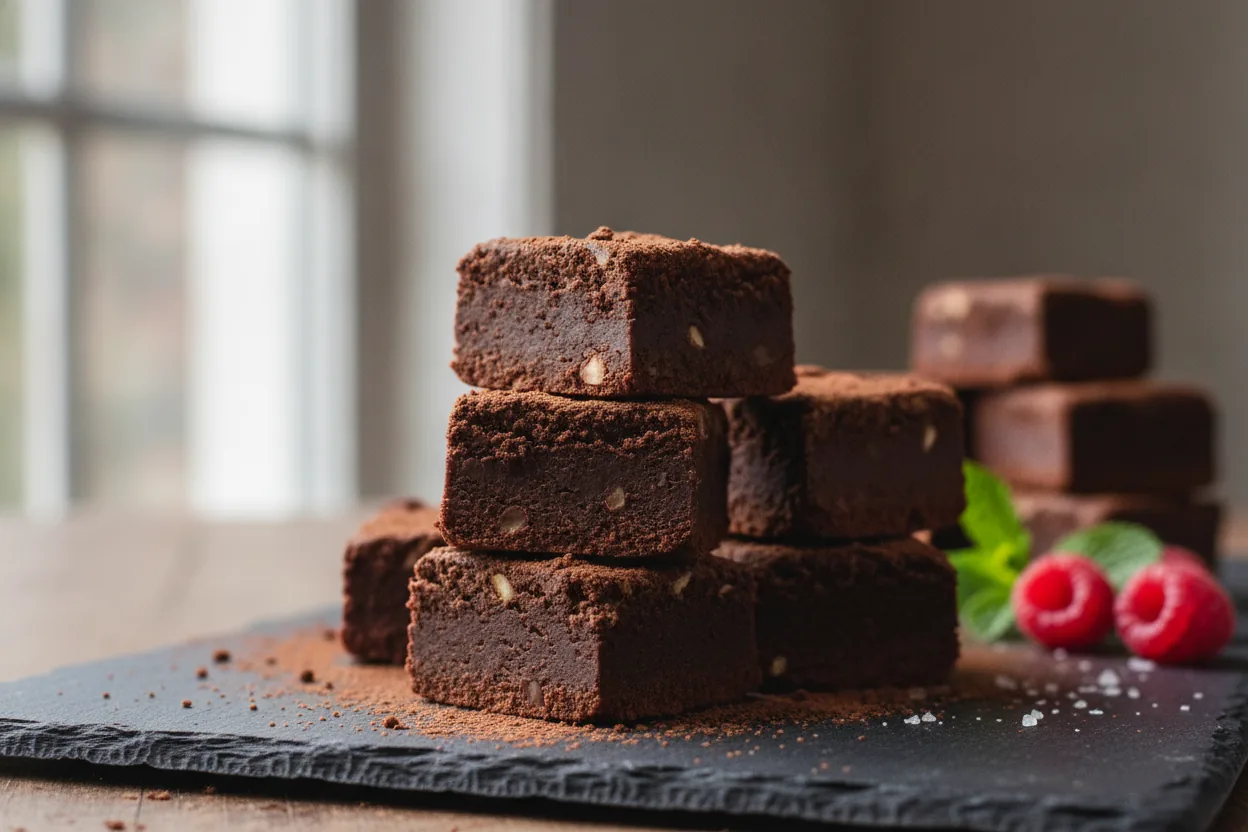 Squares of smooth dairy-free chocolate fudge stacked on parchment