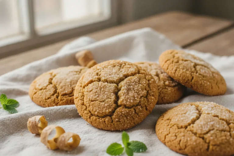 Crinkled dairy-free ginger cookies rolled in sugar on parchment