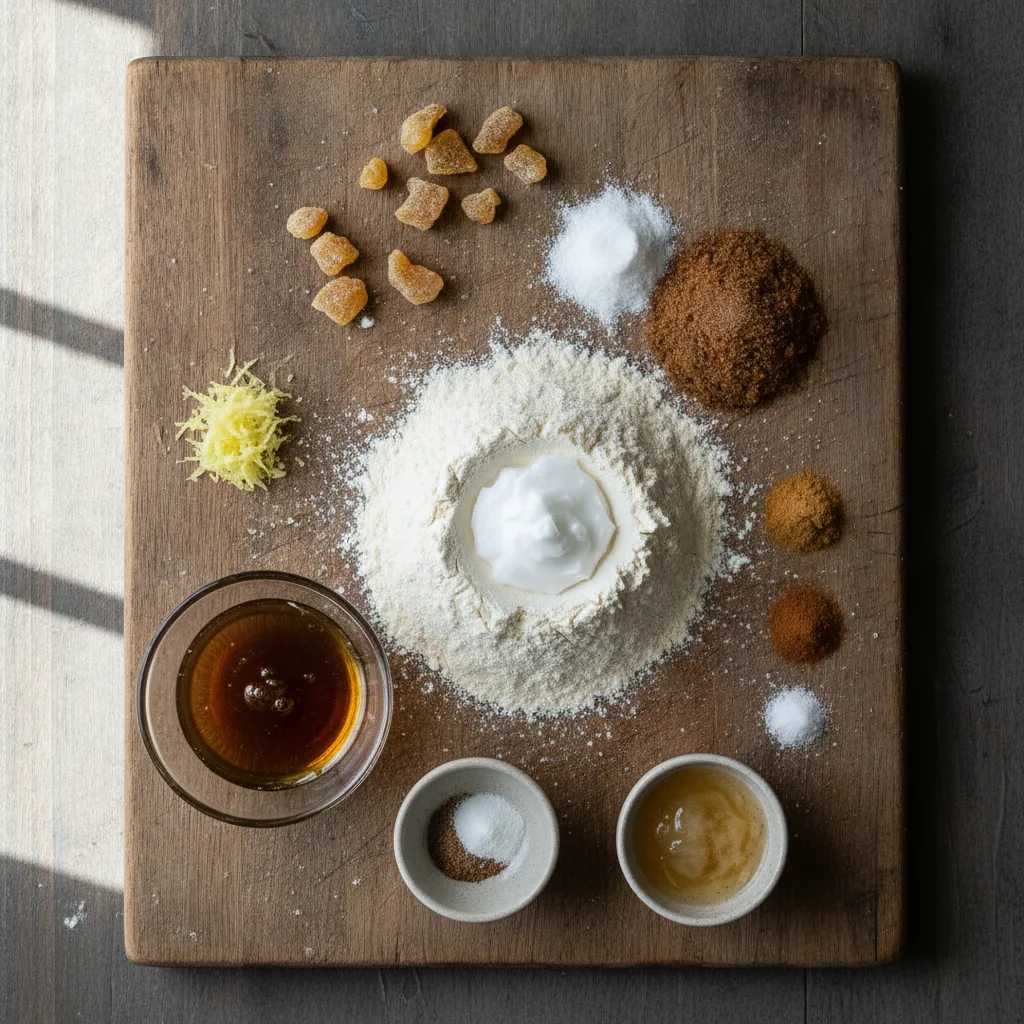Ingredients for dairy free ginger cookies laid out on a wooden board