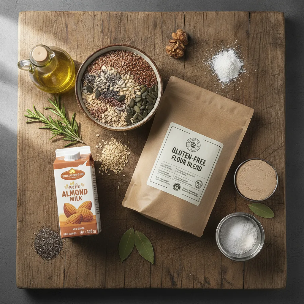 Ingredients for dairy free gluten free bread laid out on a wooden board