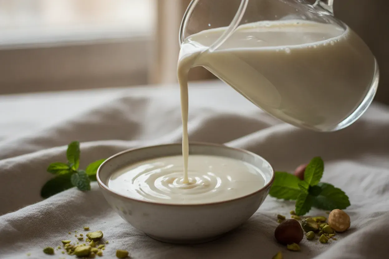 Dairy-free heavy cream substitute being poured into a bowl