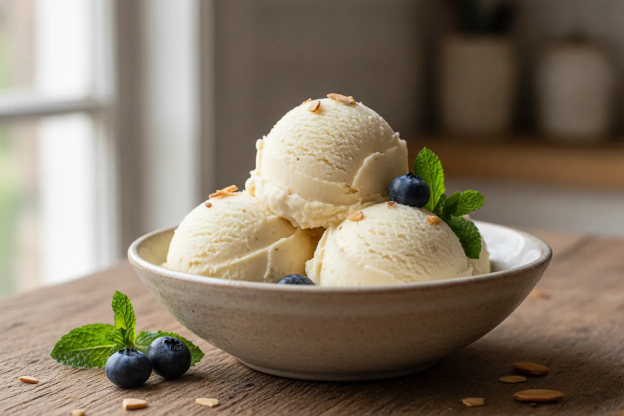 Scoops of creamy dairy-free coconut milk ice cream in a bowl