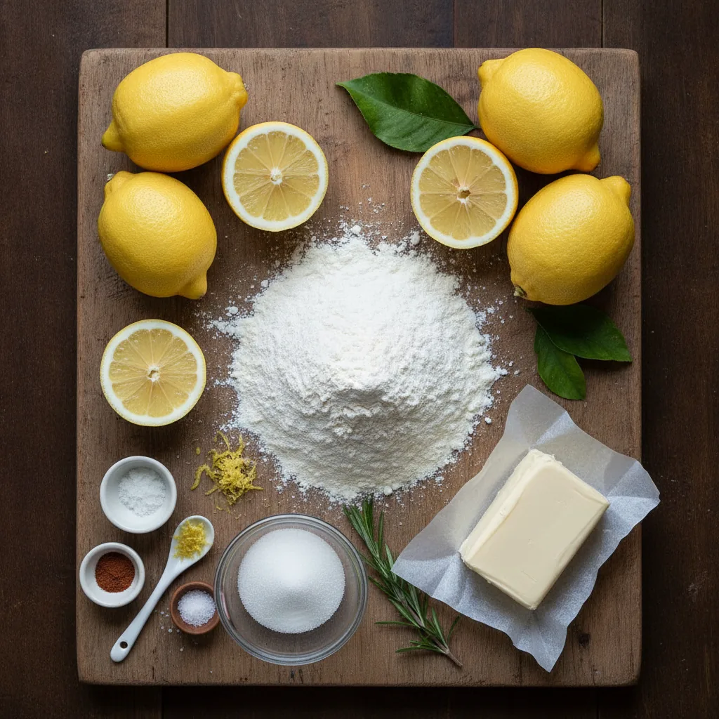 Ingredients for dairy free lemon cookies laid out on a wooden board