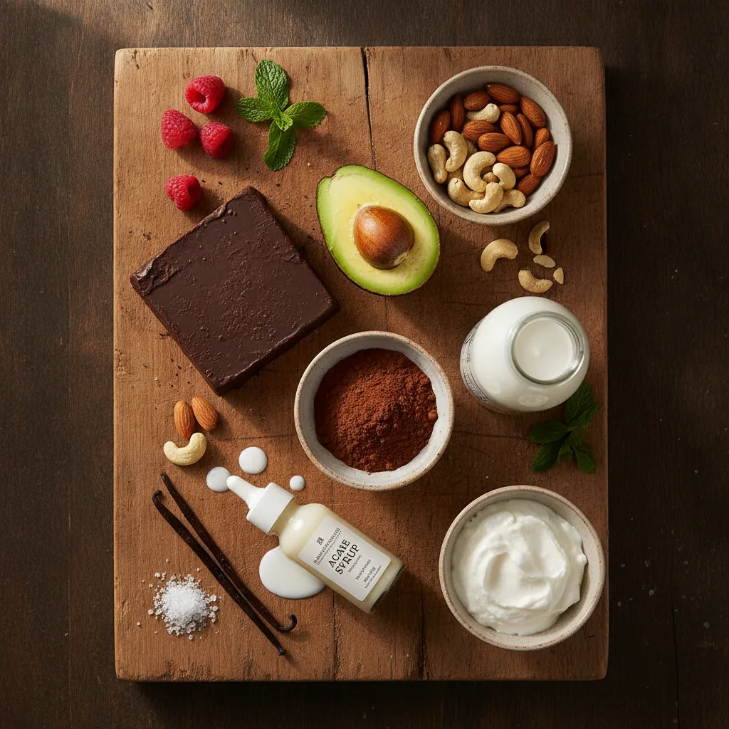 Ingredients for dairy free mousse laid out on a wooden board