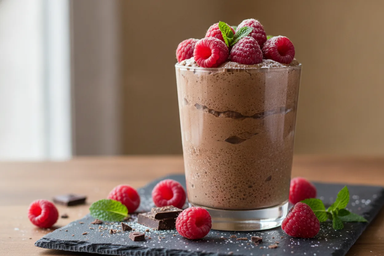 Silky dairy-free chocolate mousse in glasses topped with berries