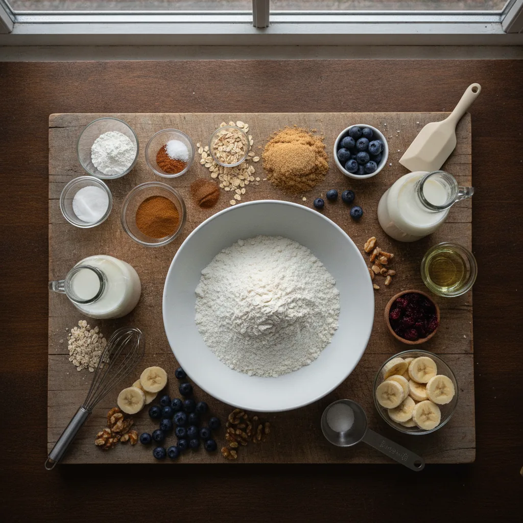 Ingredients for dairy free muffins laid out on a wooden board