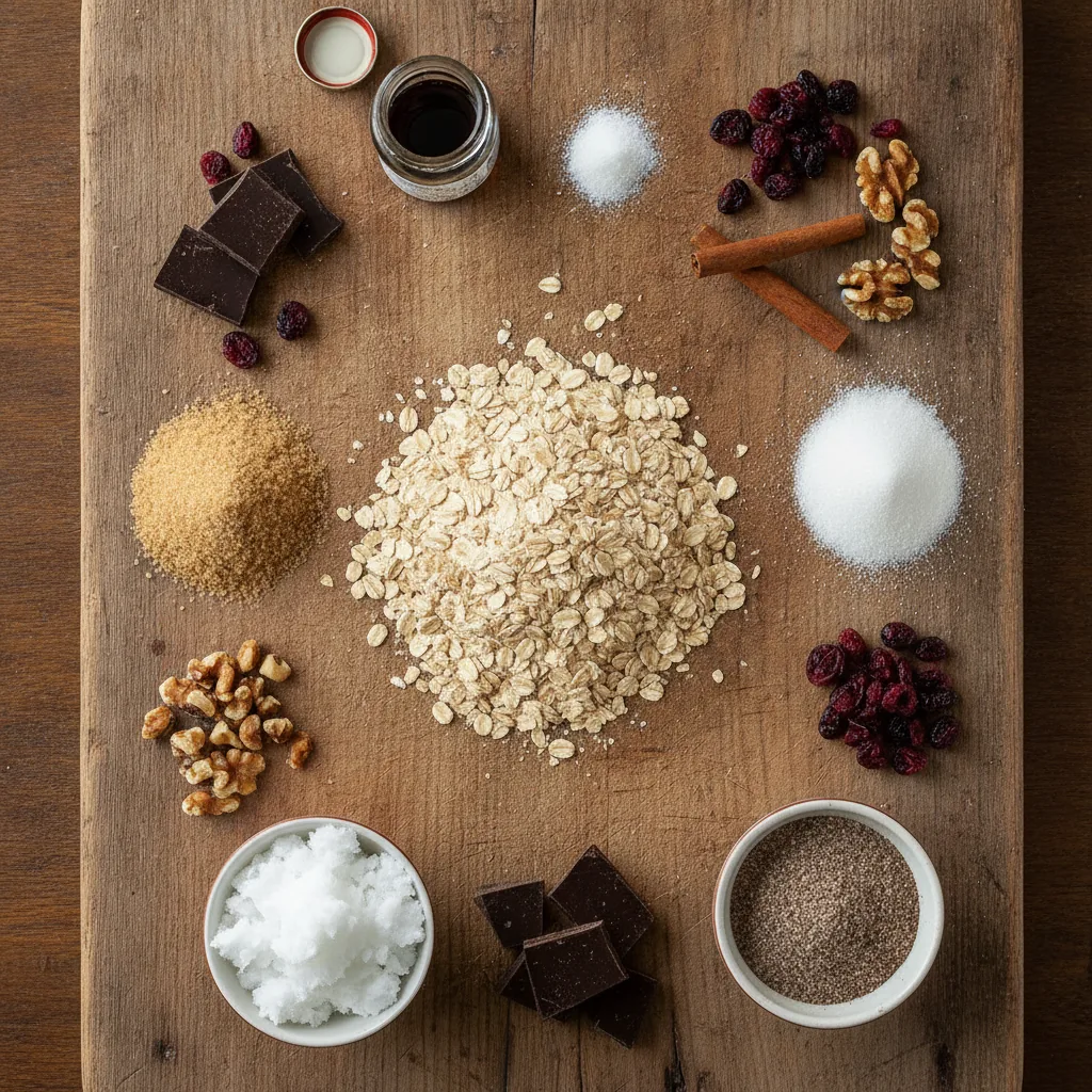 Ingredients for dairy free oatmeal cookies laid out on a wooden board