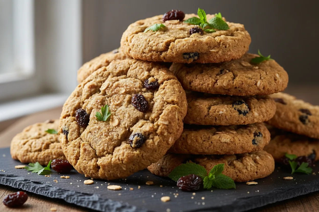 Soft chewy dairy-free oatmeal cookies on a cooling rack