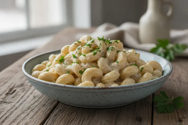 Creamy dairy-free pasta cream sauce coating fettuccine