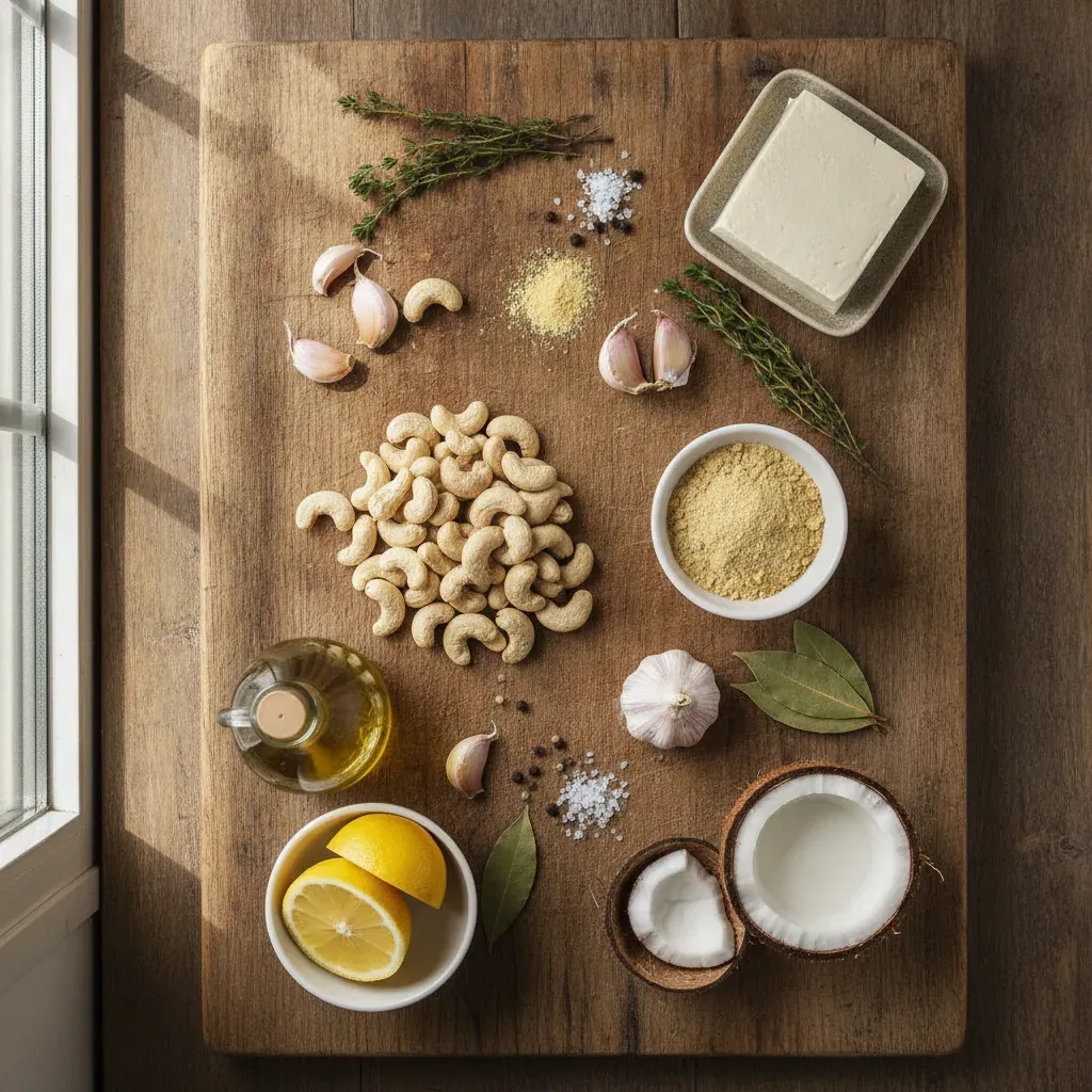 Ingredients for dairy free pasta cream sauce laid out on a wooden board