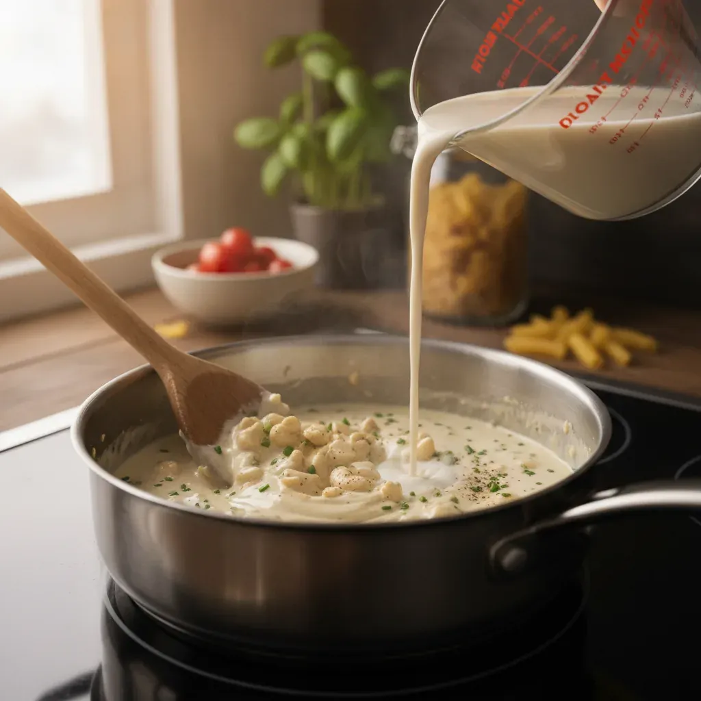 dairy free pasta cream sauce being prepared in the kitchen