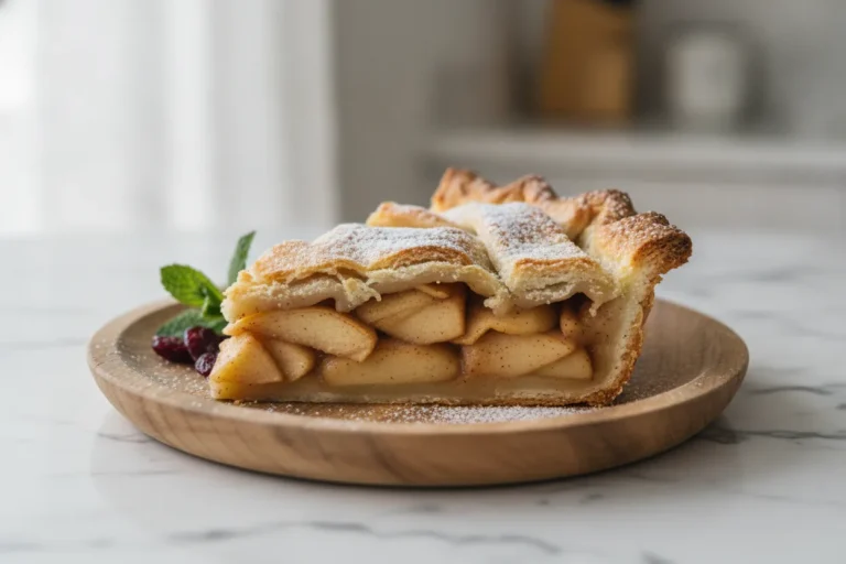 Slice of creamy dairy-free pie with a flaky crust