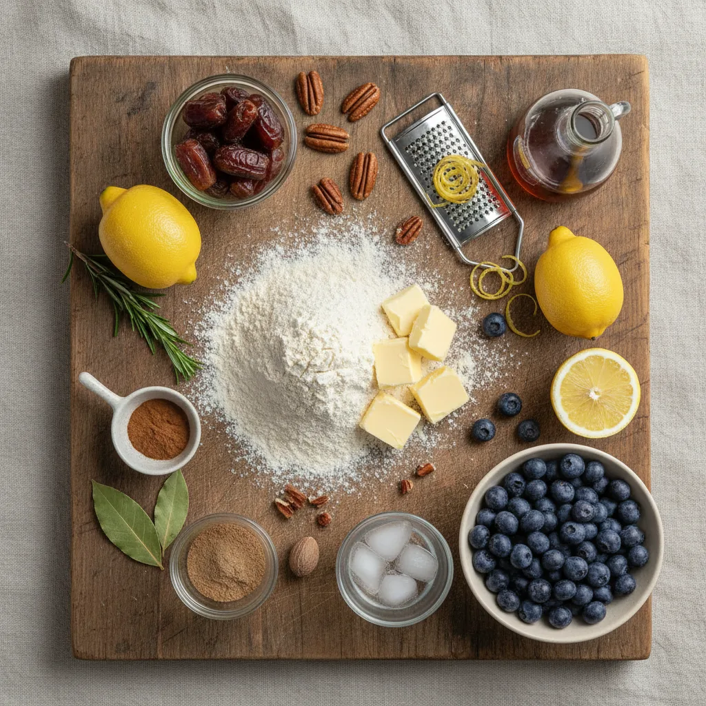 Ingredients for dairy free pie laid out on a wooden board