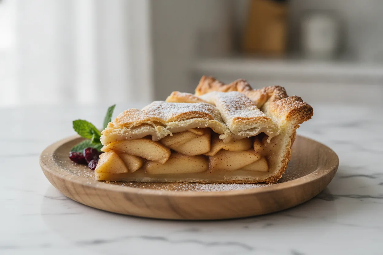 Slice of creamy dairy-free pie with a flaky crust