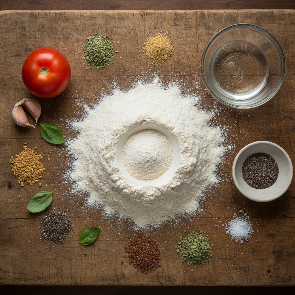 Ingredients for dairy free pizza crust laid out on a wooden board