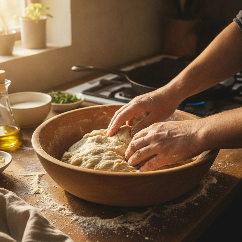 dairy free pizza crust being prepared in the kitchen