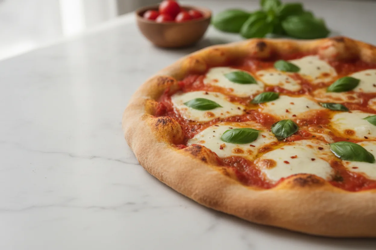 Golden crispy dairy-free pizza crust fresh from the oven