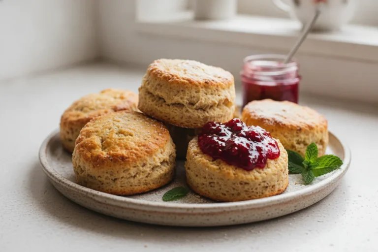 Golden fluffy dairy-free scones stacked on a plate