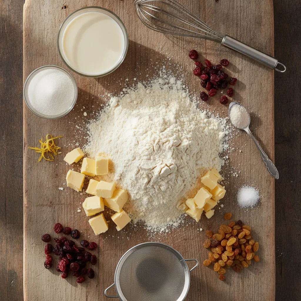 Ingredients for dairy free scones laid out on a wooden board
