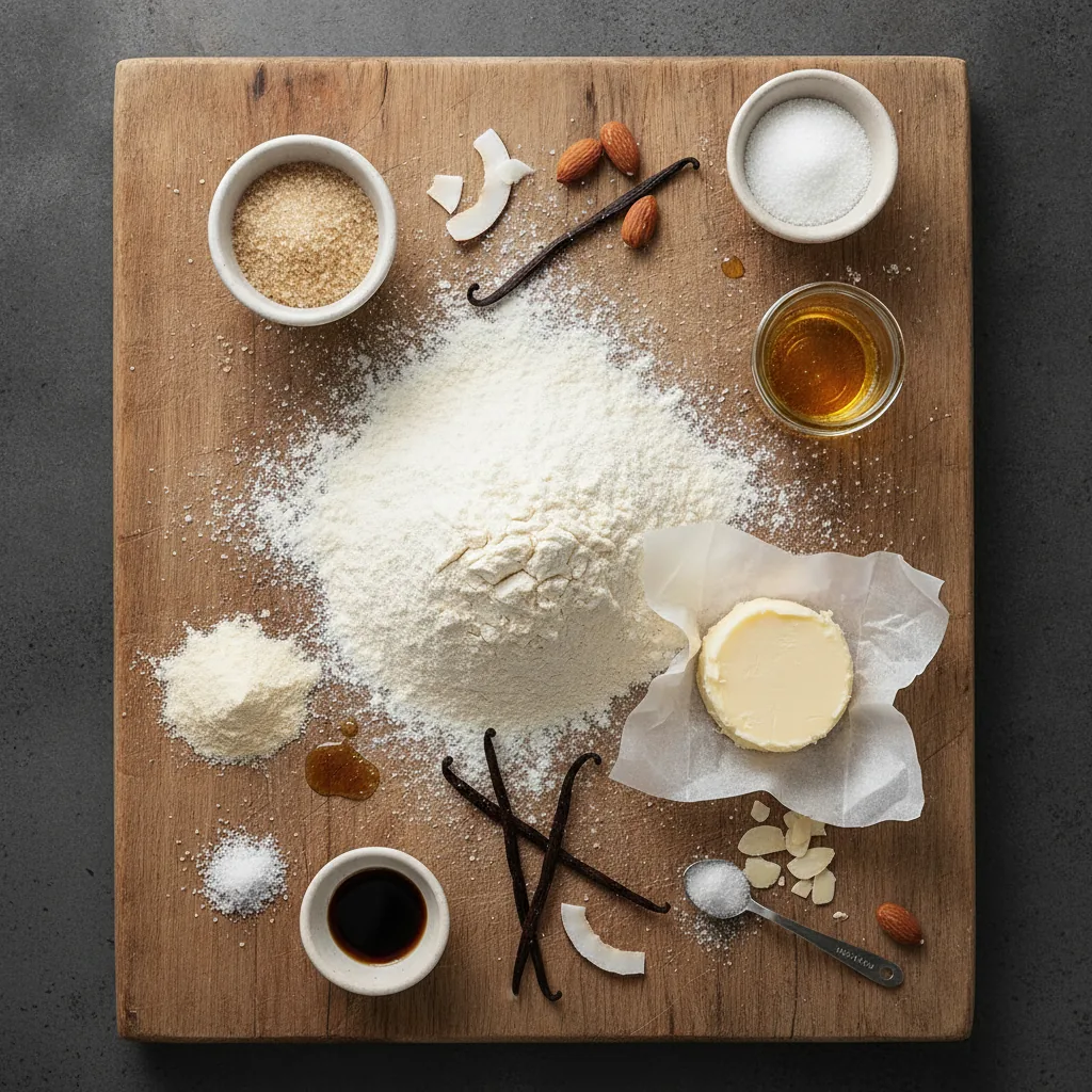 Ingredients for dairy free shortbread cookies laid out on a wooden board