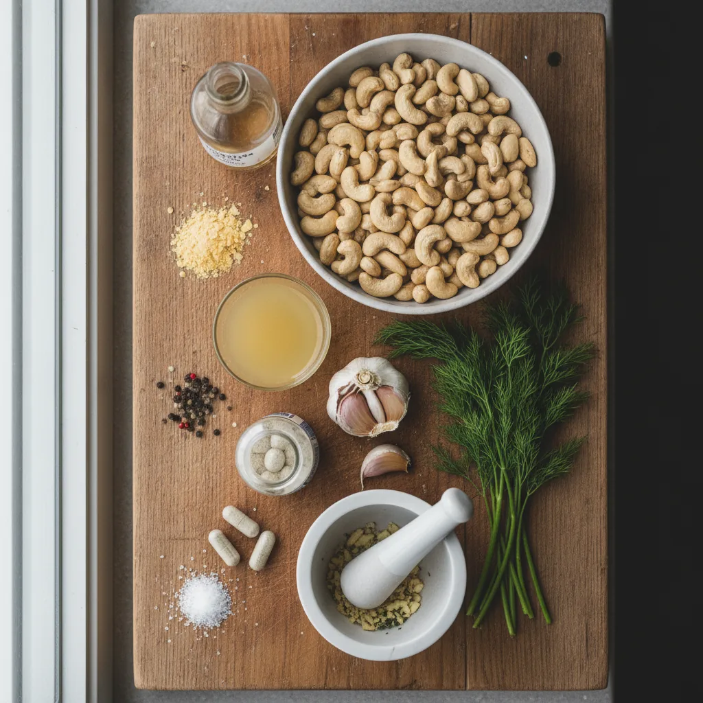 Ingredients for dairy free sour cream laid out on a wooden board