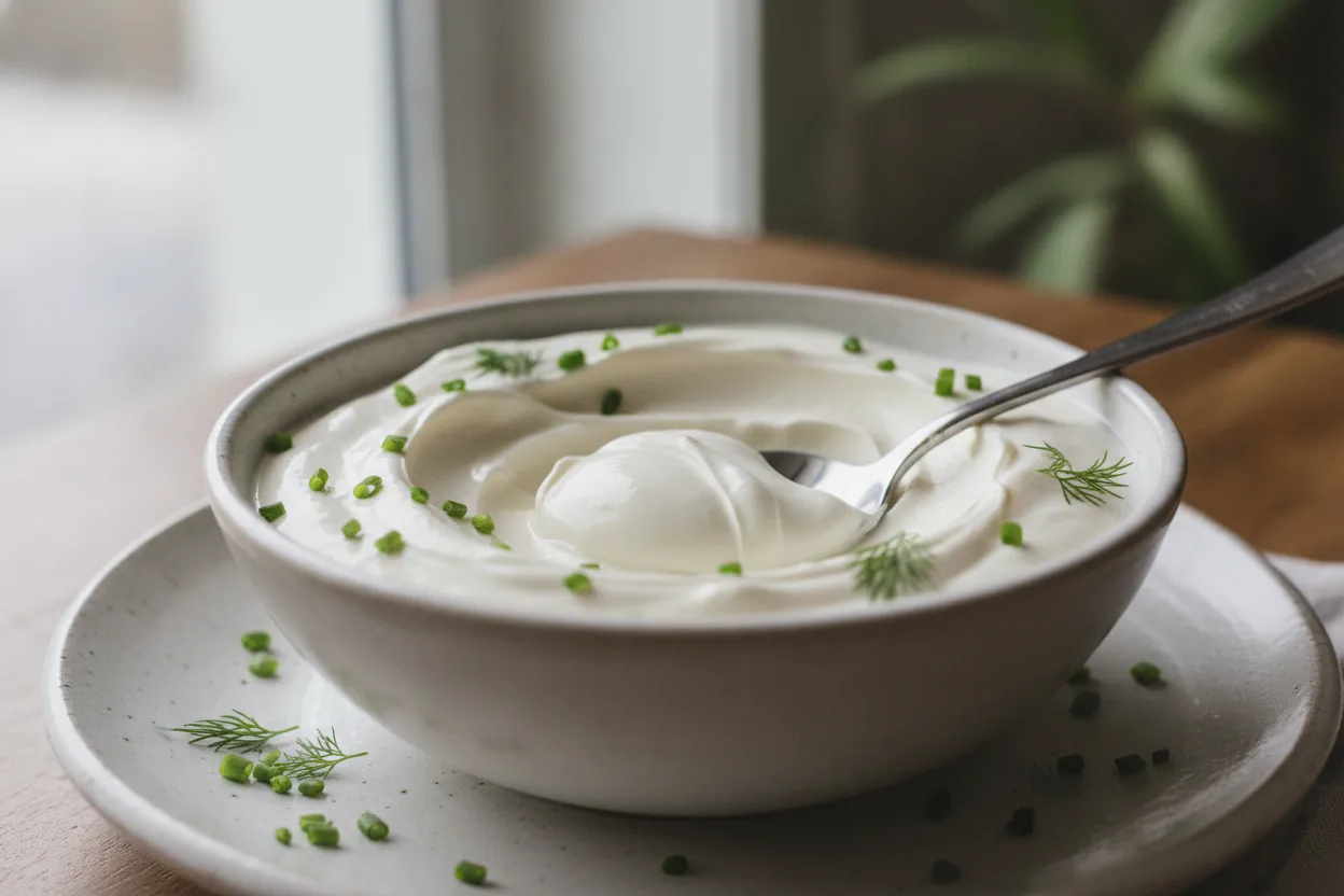 Bowl of creamy dairy-free sour cream made with cashews