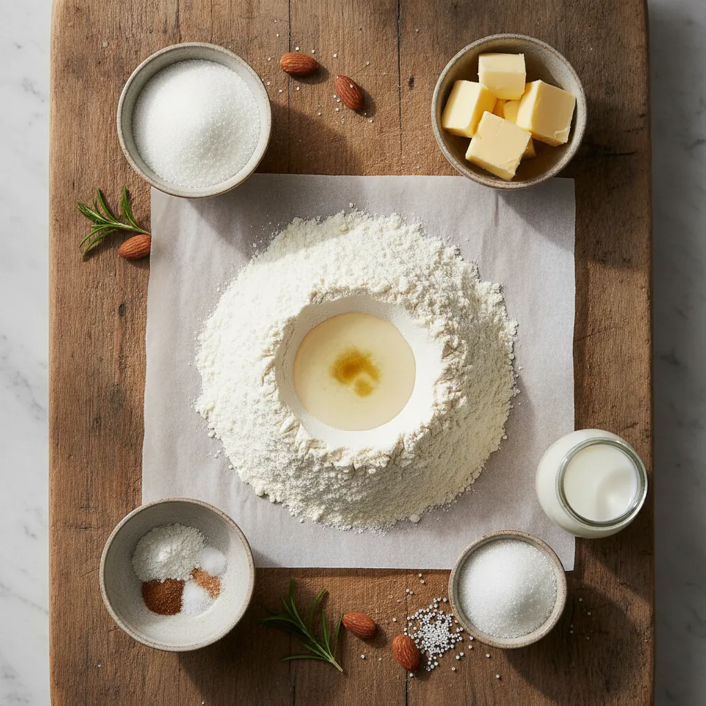 Ingredients for dairy free sugar cookies laid out on a wooden board