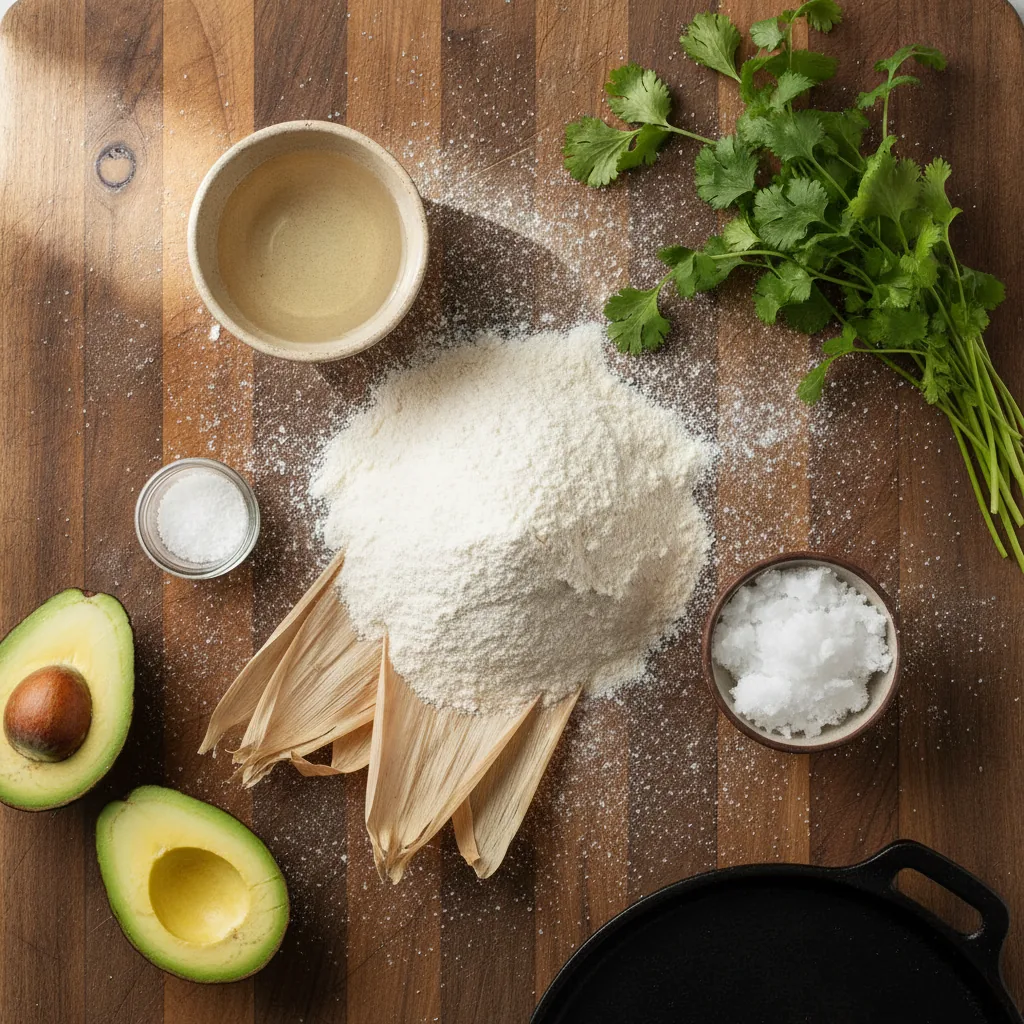 Ingredients for dairy free tortillas laid out on a wooden board