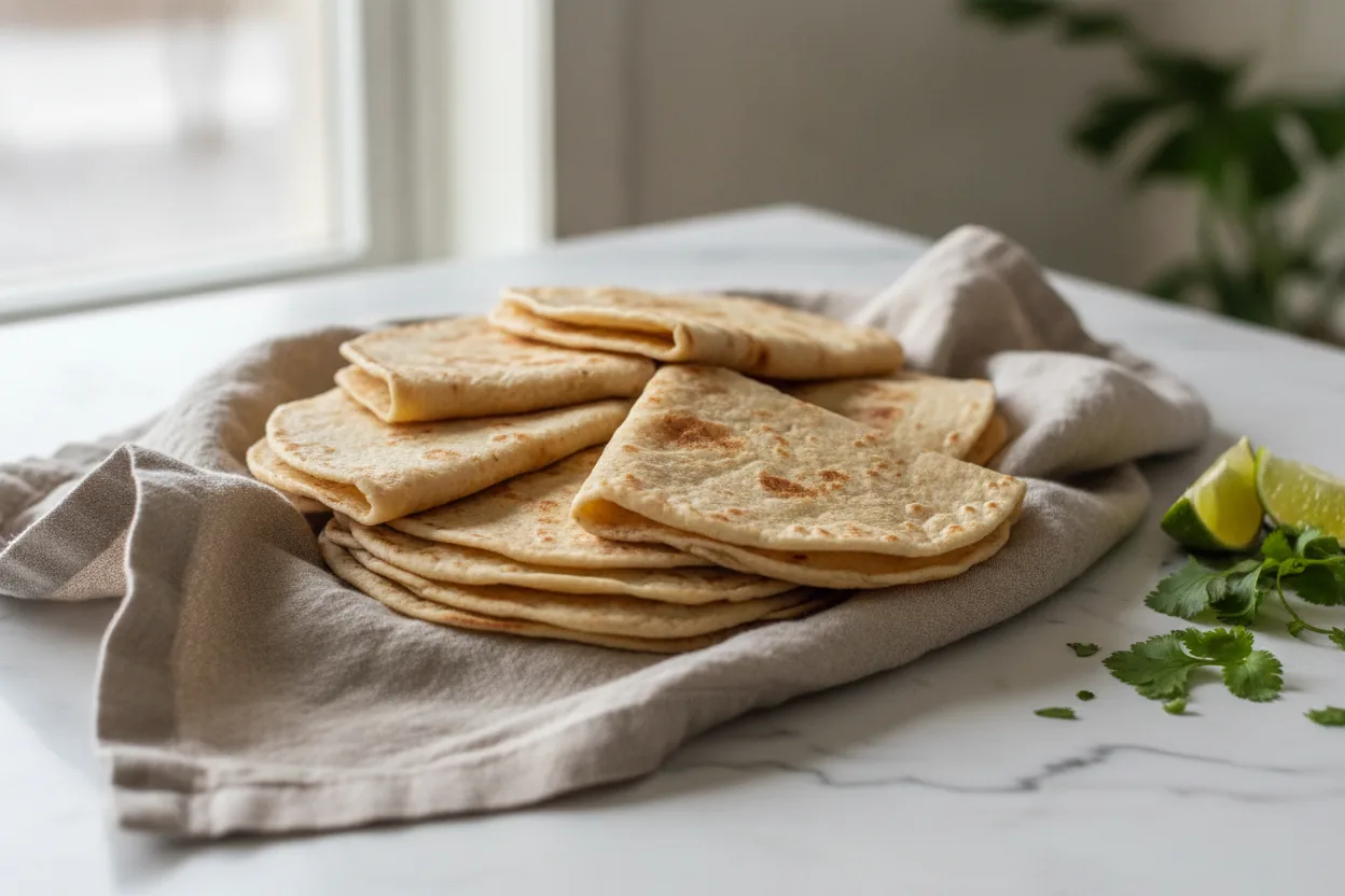 Stack of soft homemade dairy-free tortillas with toasty blisters