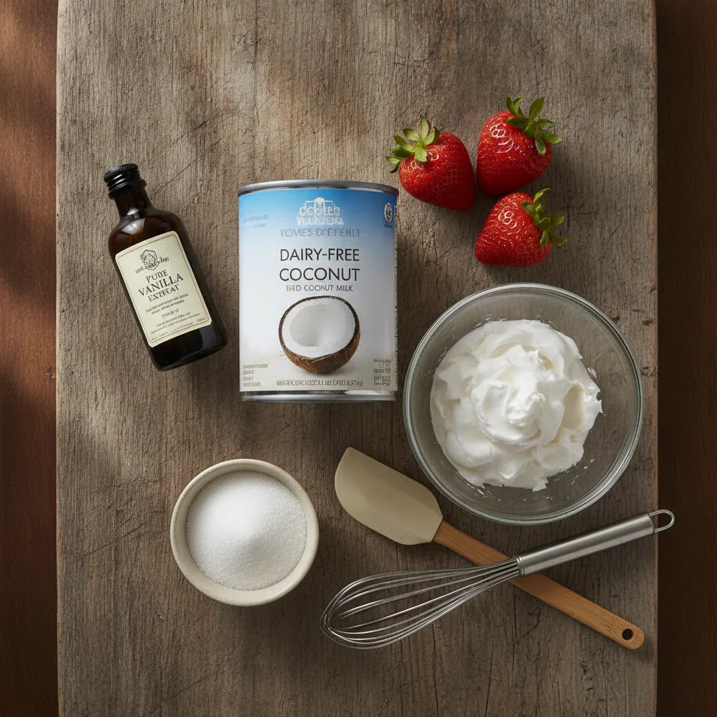 Ingredients for dairy free whipped cream laid out on a wooden board