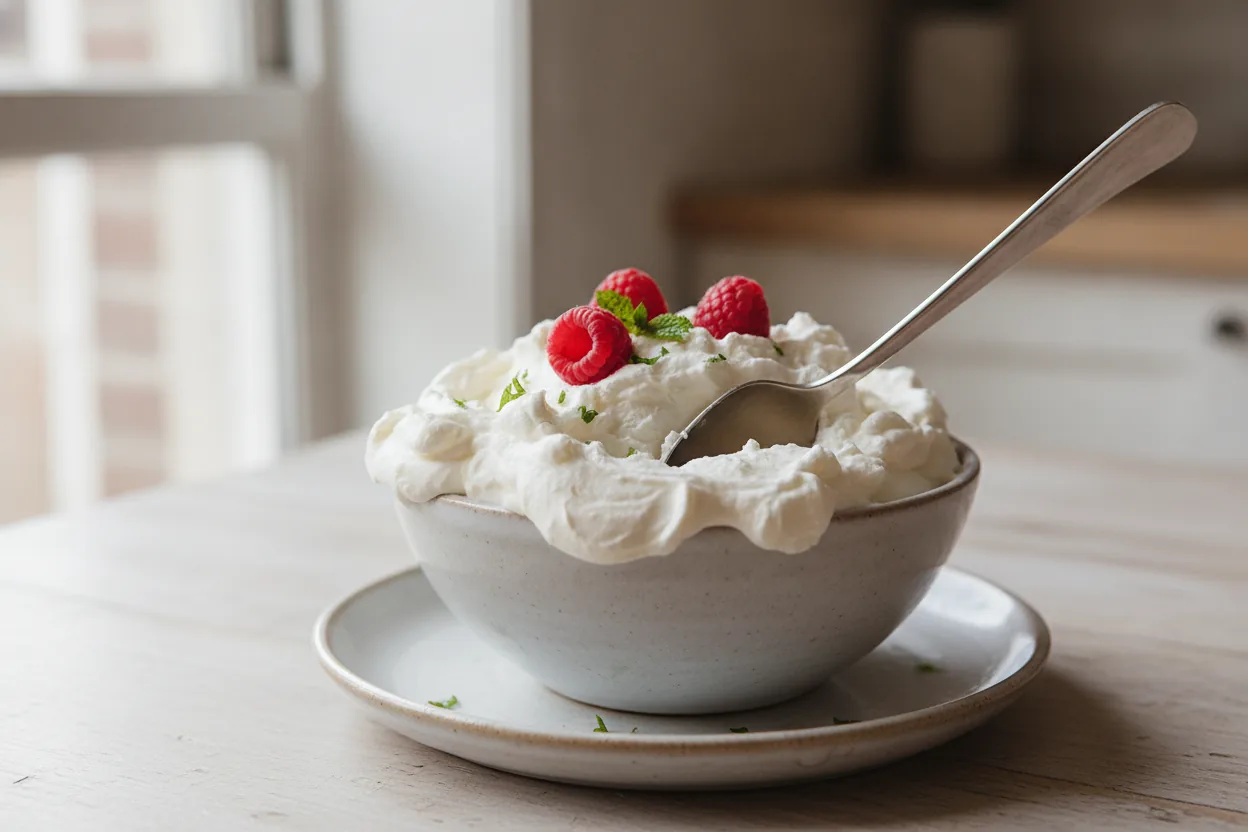 Bowl of fluffy dairy-free whipped cream with soft peaks