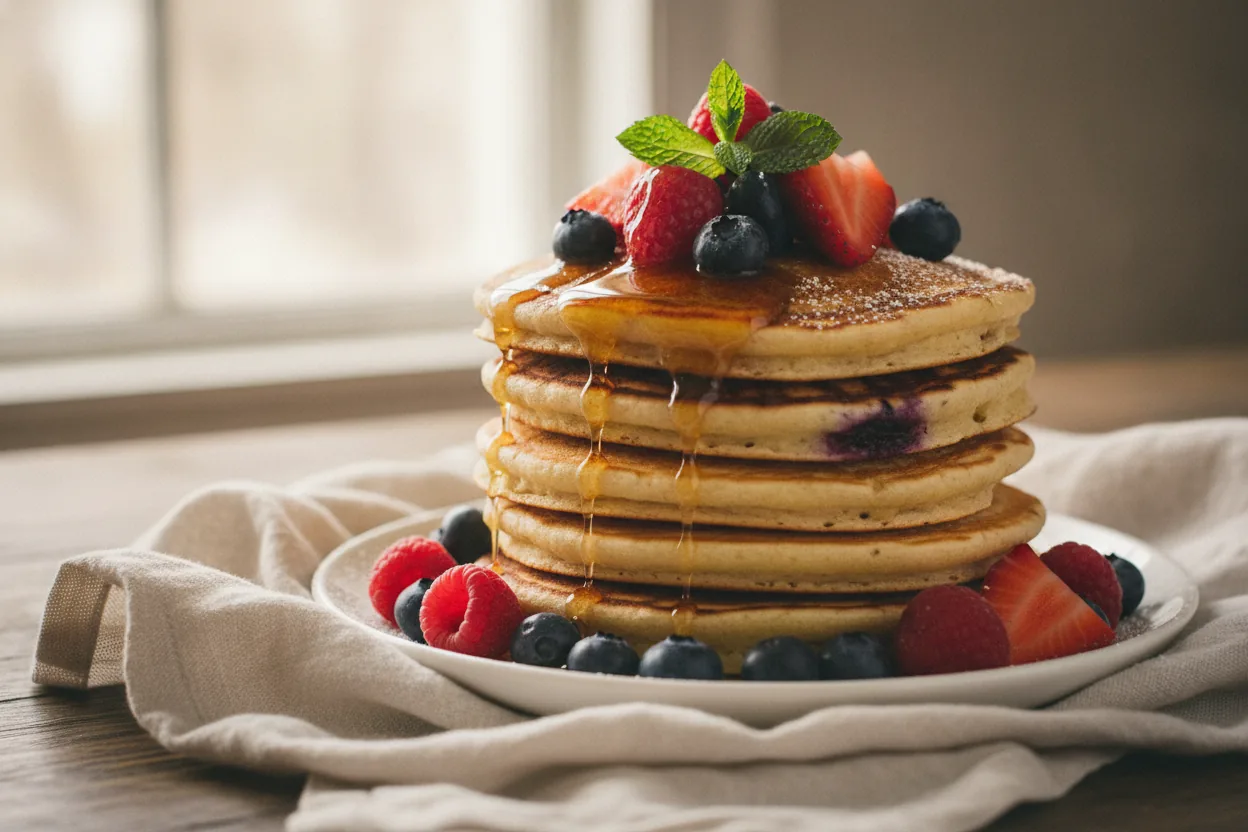 Stack of fluffy gluten-free dairy-free pancakes with syrup and berries